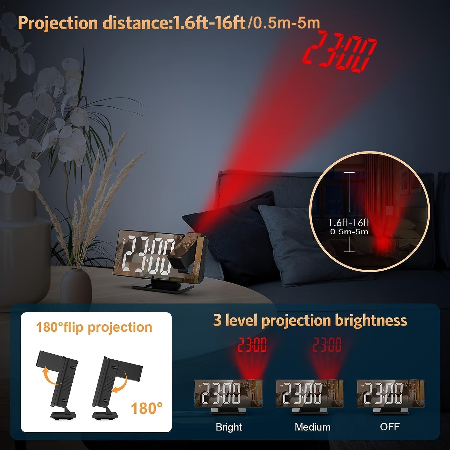 Réveil à Projection LED avec Projection Réglable à 180° – Affichage Clair et Fonction Snooze pour Chambre ou Bureau