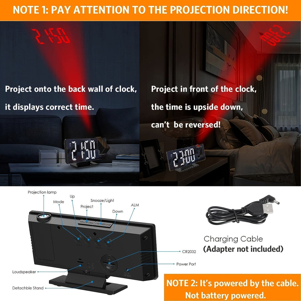 Réveil à Projection LED avec Projection Réglable à 180° – Affichage Clair et Fonction Snooze pour Chambre ou Bureau